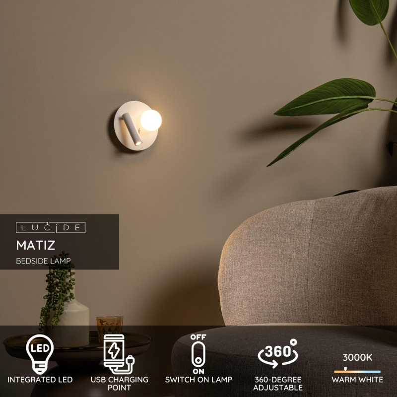 Lucide MATIZ - Nástenné bodové svietidlo - LED - 1x3,7W 3000K - S USB nabíjacím bodom - Biele